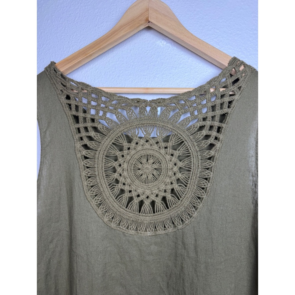 ForCynthia Dress Womens XL Olive Green‎ Linen Crochet Back Sleeveless Ruffle Hem